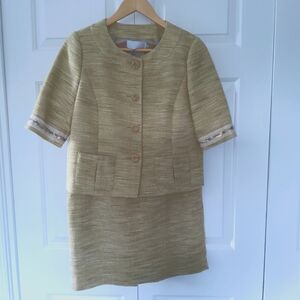 Sand Linen Blend Gold Thread Jacket Skirt Suit Size 4 Badgley Mischka